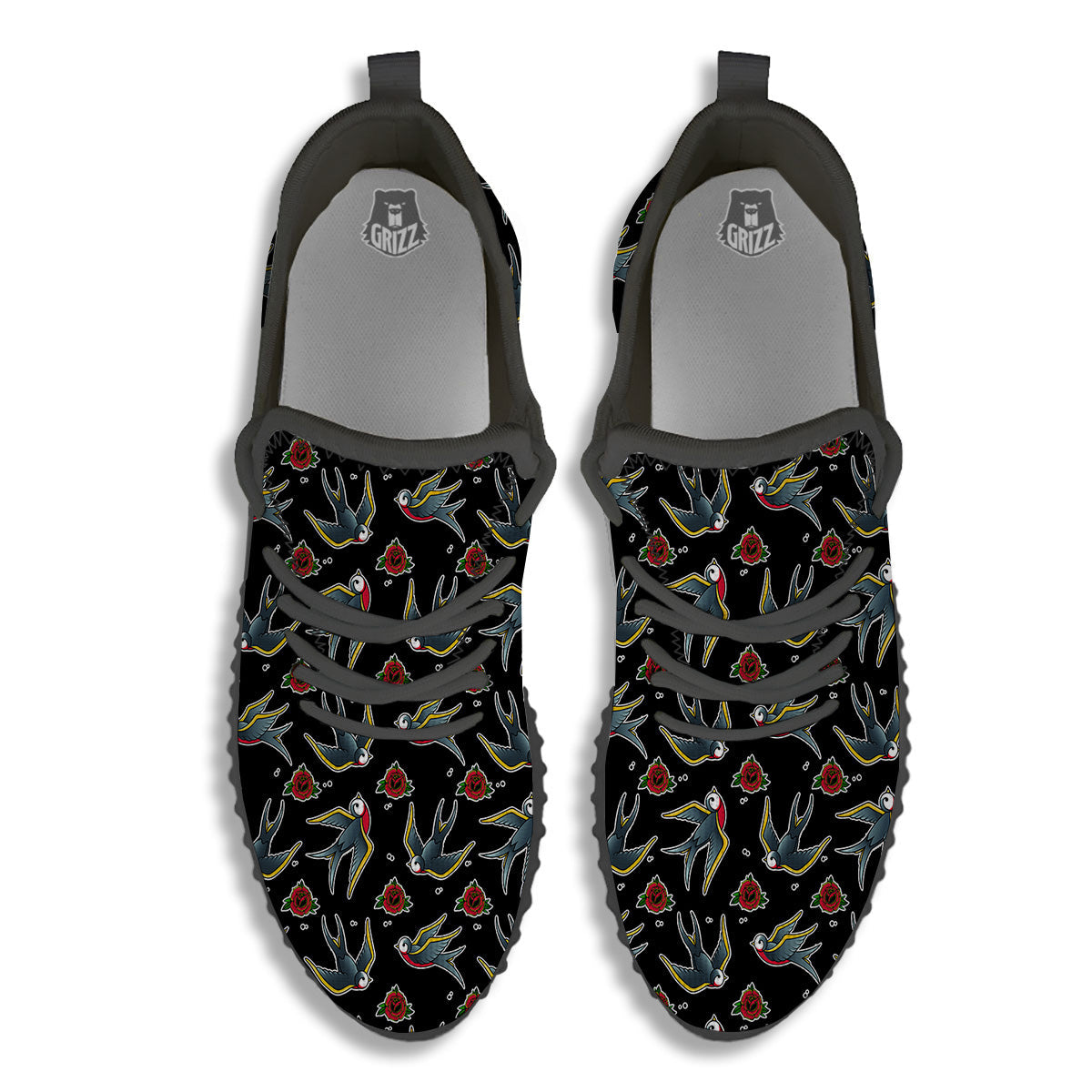 Swallows And Roses Tattoo Print Pattern Black Walking Shoes-grizzshop