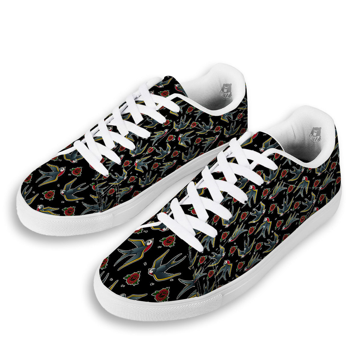 Swallows And Roses Tattoo Print Pattern White Low Top Sneakers-grizzshop