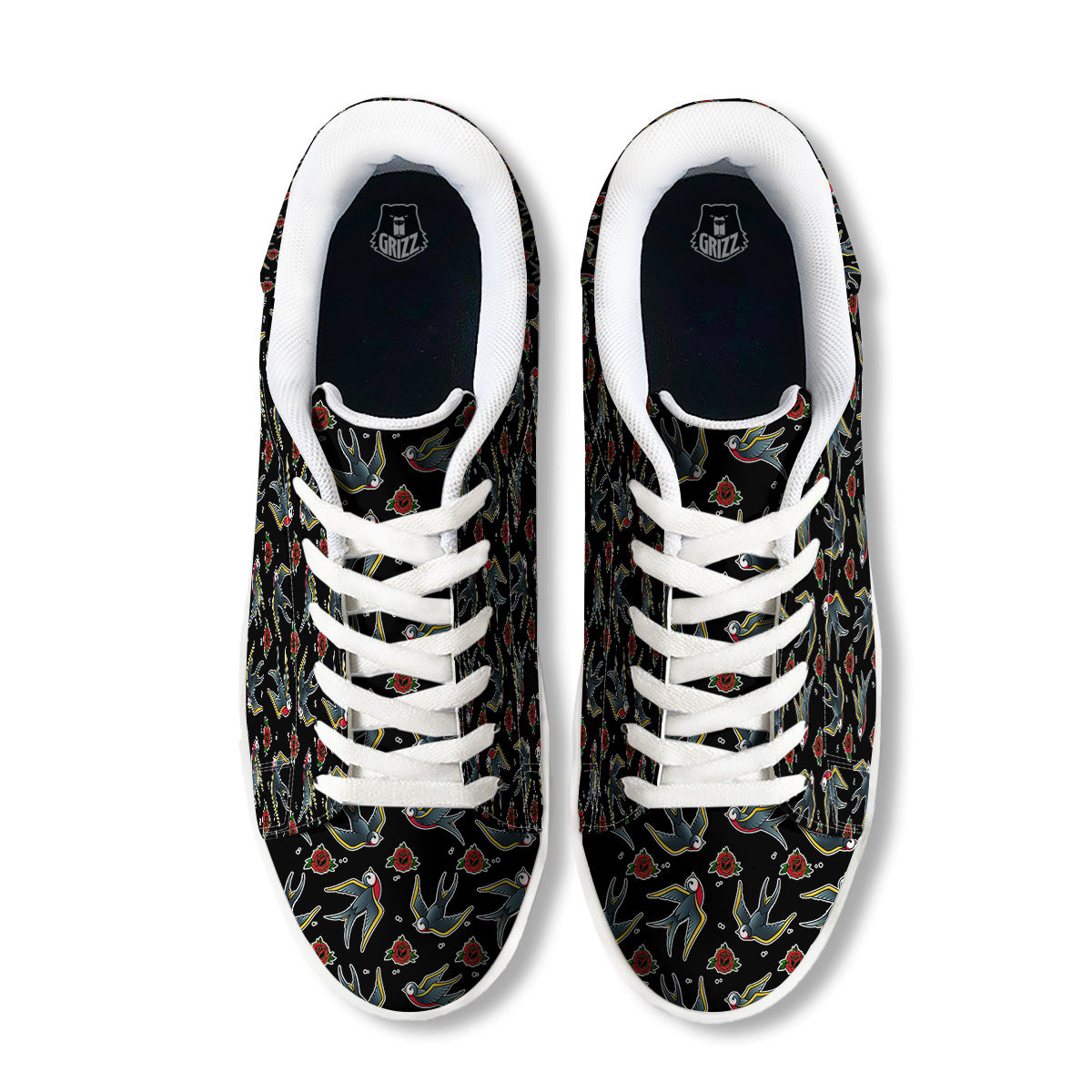 Swallows And Roses Tattoo Print Pattern White Low Top Sneakers-grizzshop