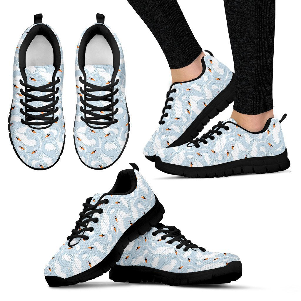 Swan Print Pattern Black Sneaker Shoes For Men Women-grizzshop