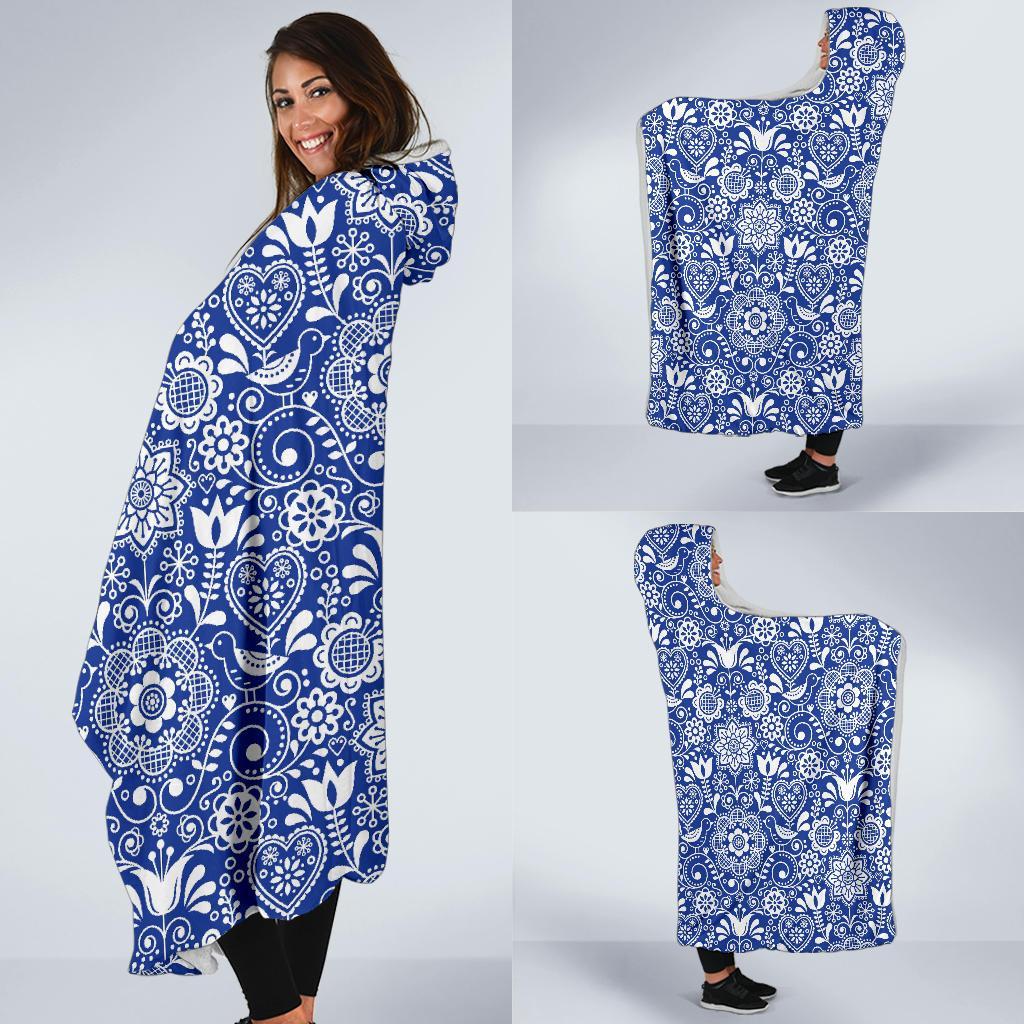 Swedish Floral Pattern Print Hooded Blanket-grizzshop