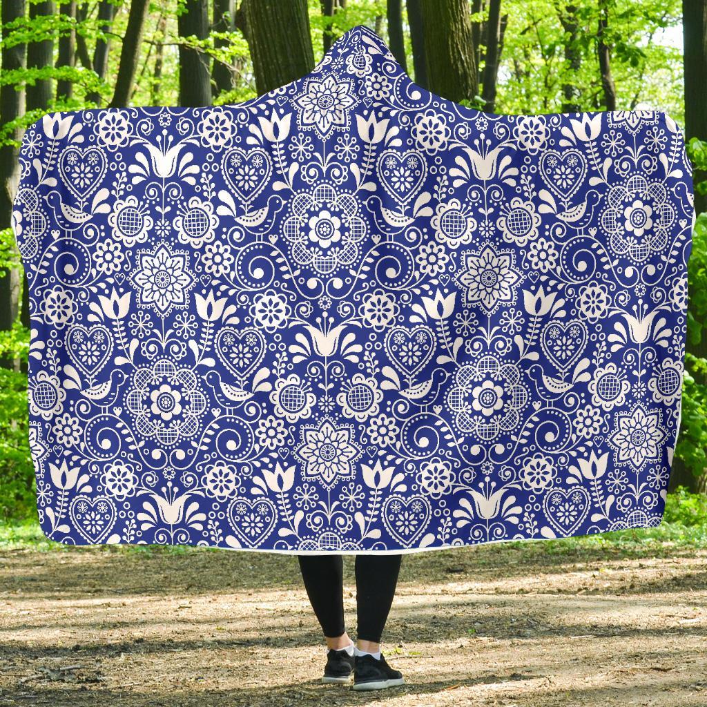 Swedish Floral Pattern Print Hooded Blanket-grizzshop