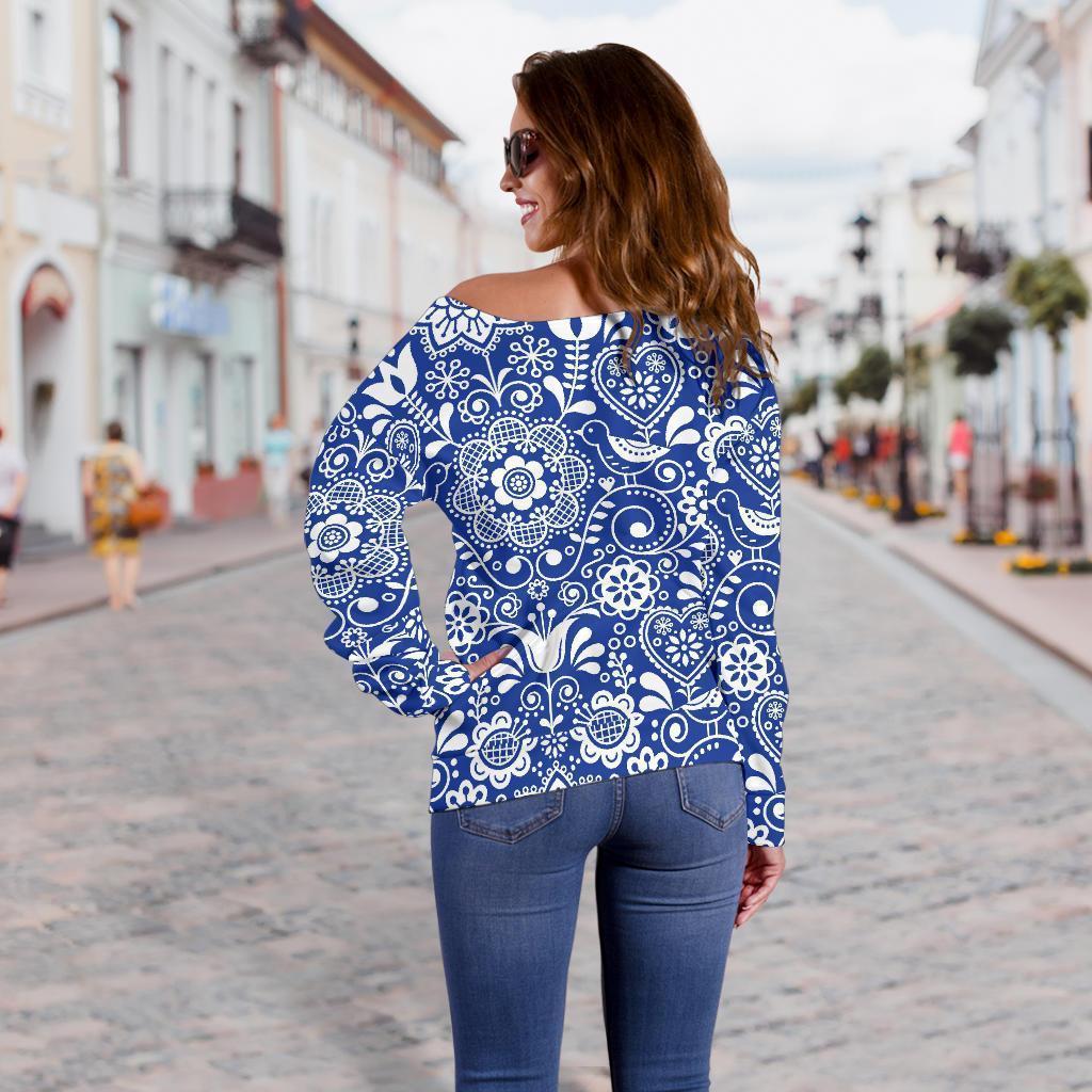 Swedish Floral Pattern Print Women Off Shoulder Sweatshirt-grizzshop
