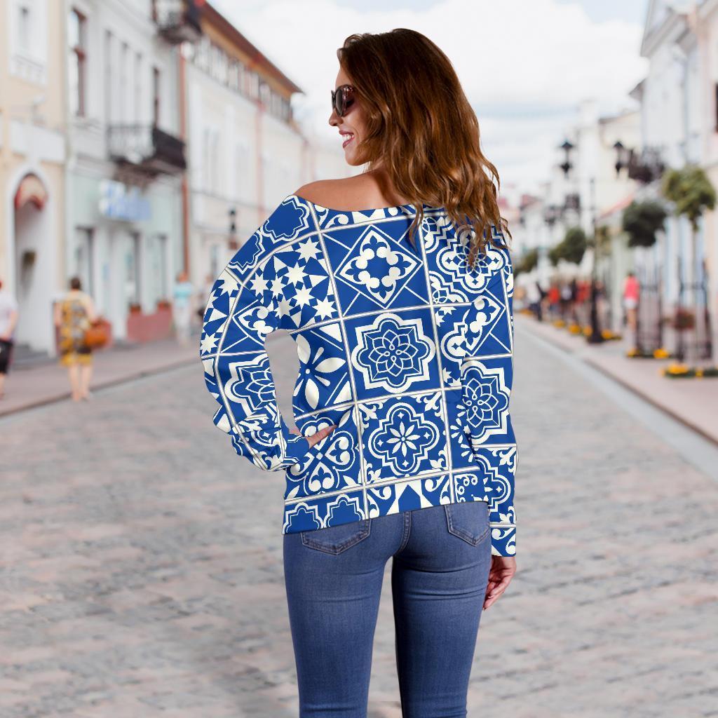 Swedish Print Pattern Women Off Shoulder Sweatshirt-grizzshop
