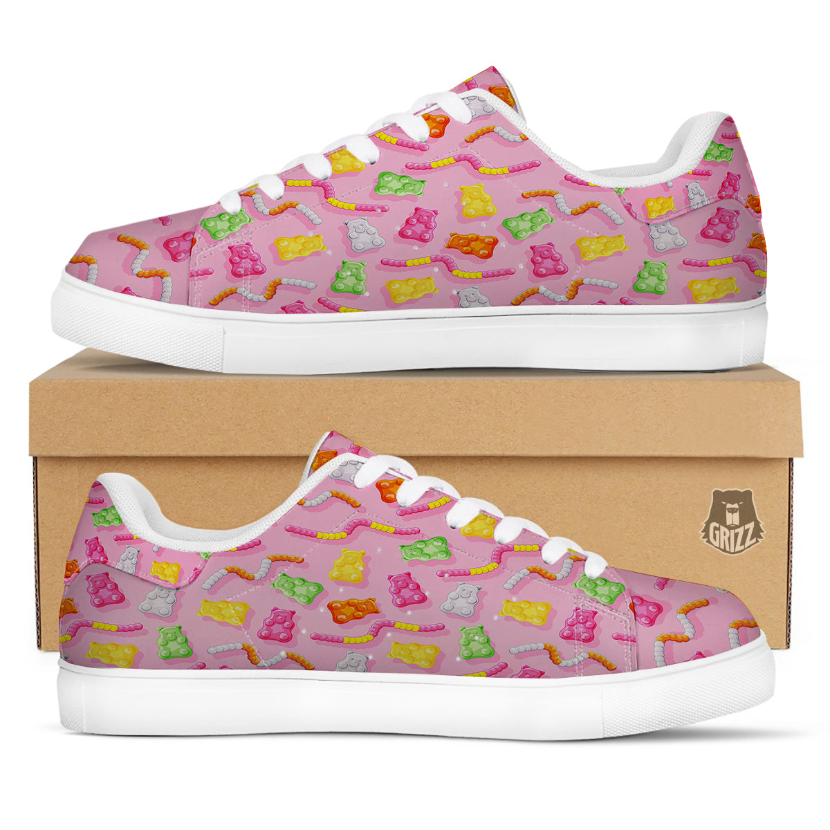 Sweet Gummy Bears And Worms Print Pattern White Low Top Sneakers-grizzshop