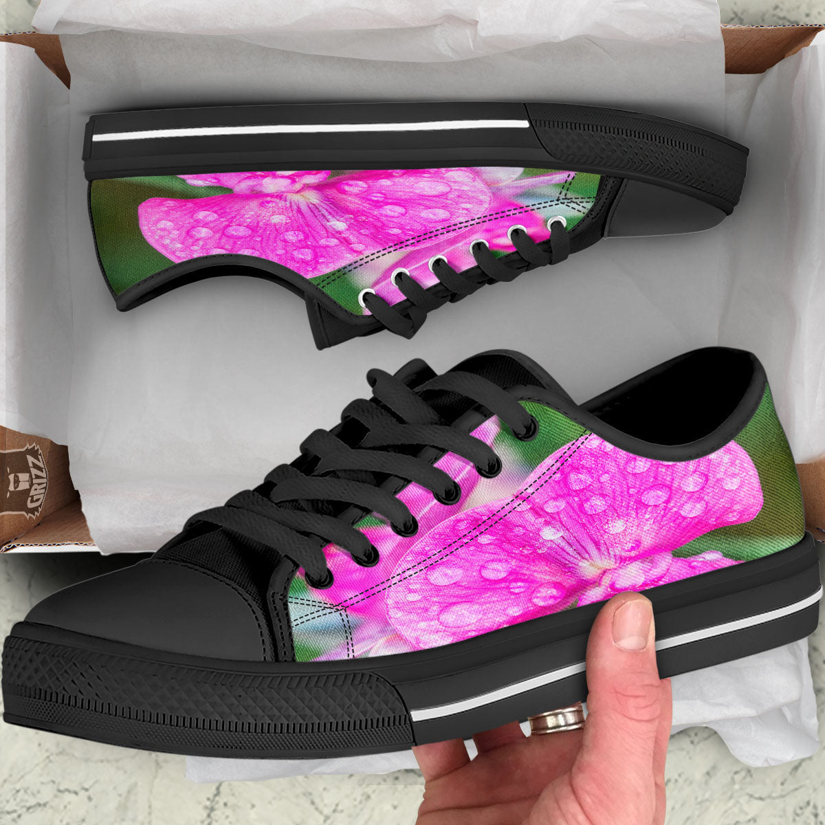Sweet Pea Purple Print Black Low Top Shoes-grizzshop