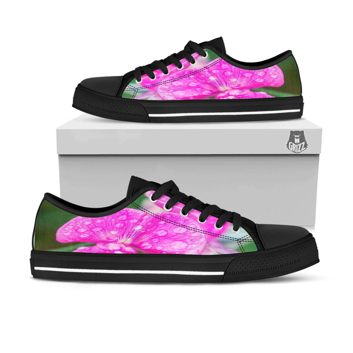 Sweet Pea Purple Print Black Low Top Shoes-grizzshop