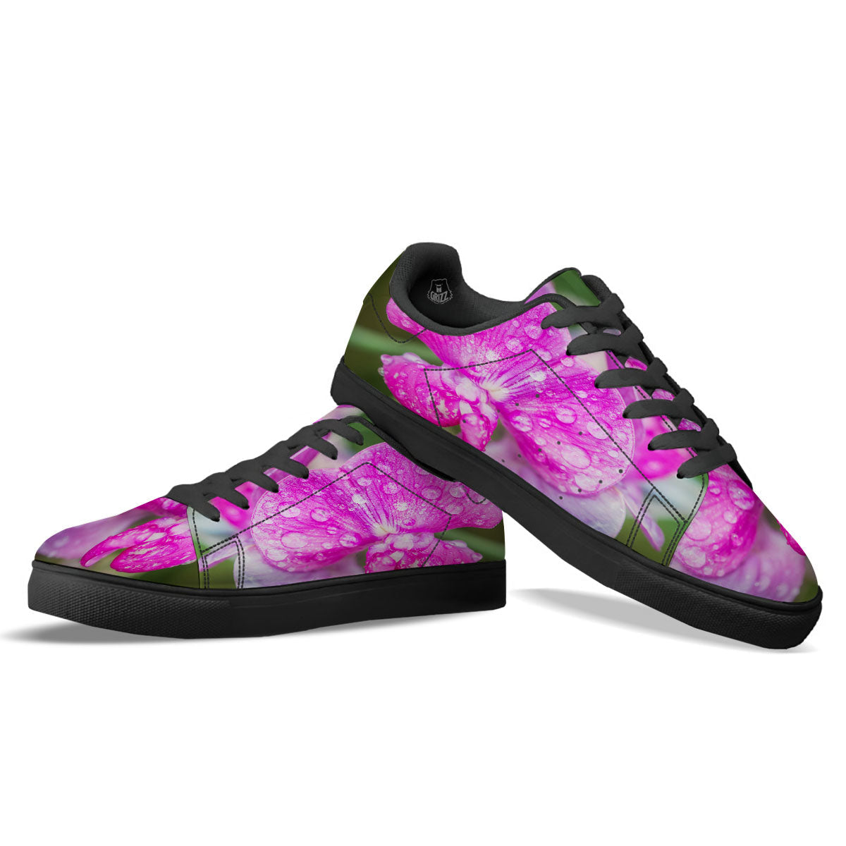 Sweet Pea Purple Print Black Low Top Sneakers-grizzshop