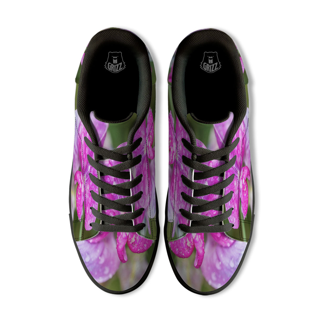 Sweet Pea Purple Print Black Low Top Sneakers-grizzshop