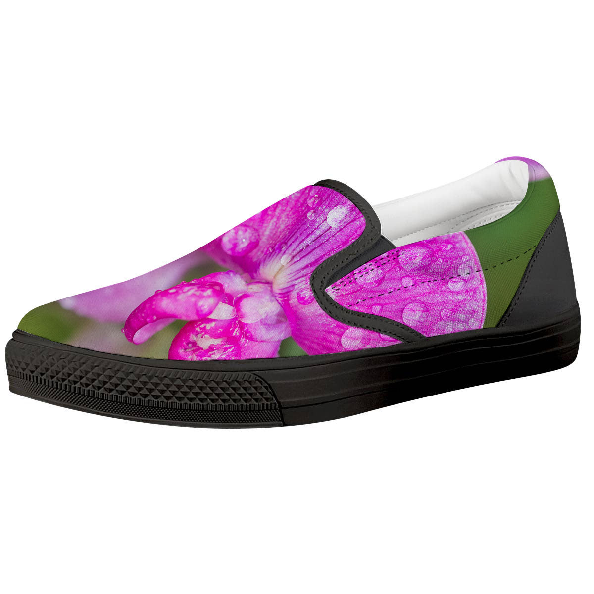 Sweet Pea Purple Print Black Slip On Shoes-grizzshop