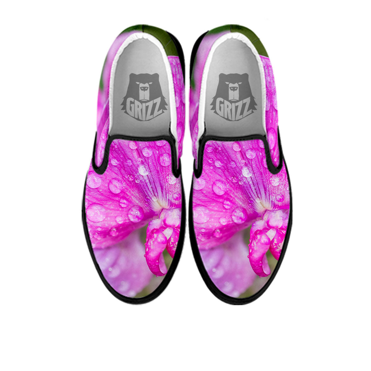 Sweet Pea Purple Print Black Slip On Shoes-grizzshop