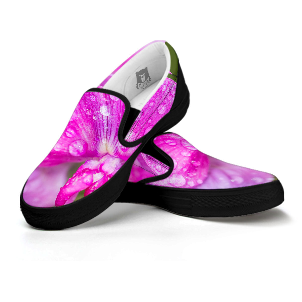 Sweet Pea Purple Print Black Slip On Shoes-grizzshop