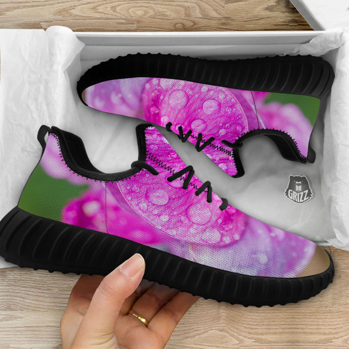 Sweet Pea Purple Print Black Walking Shoes-grizzshop
