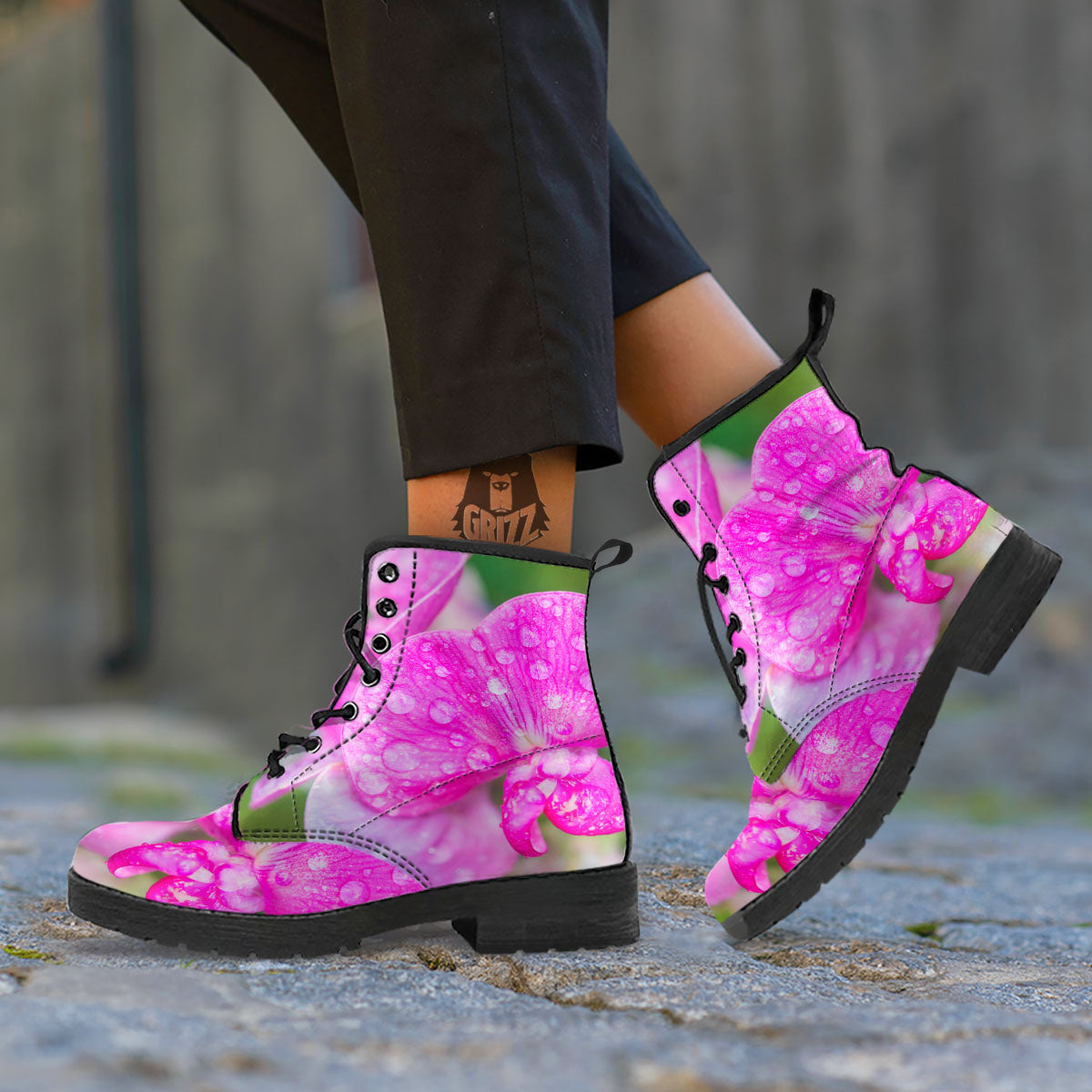 Sweet Pea Purple Print Leather Boots-grizzshop