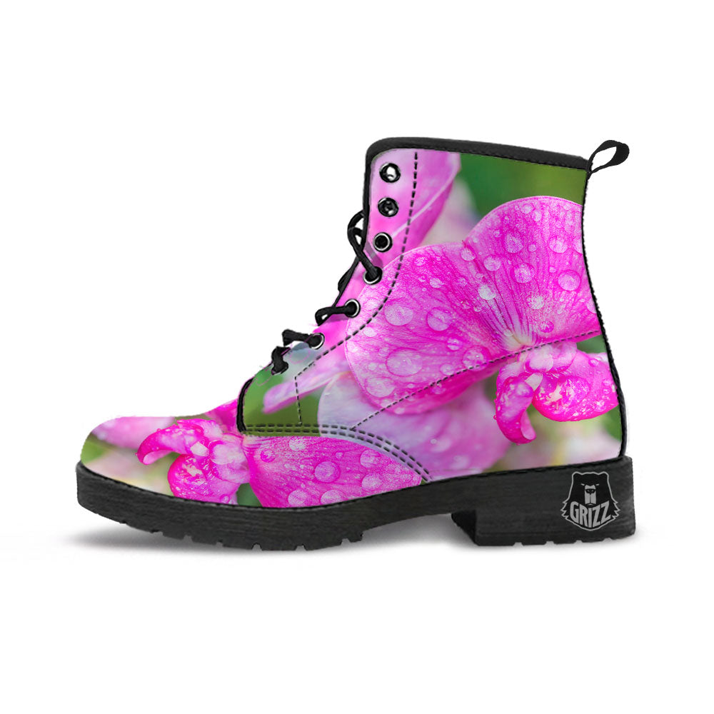 Sweet Pea Purple Print Leather Boots-grizzshop