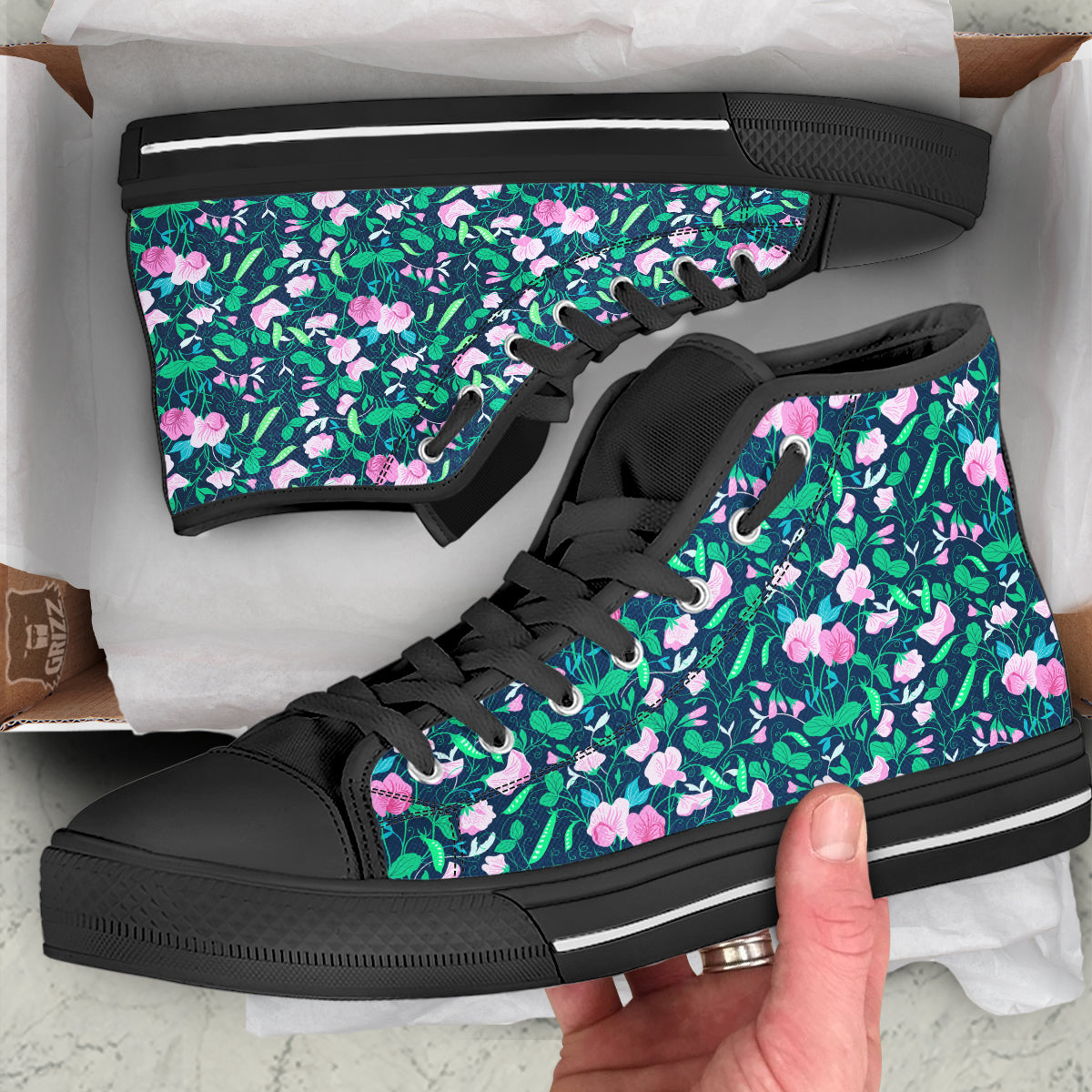 Sweet Pea Vintage Print Pattern Black High Top Shoes-grizzshop