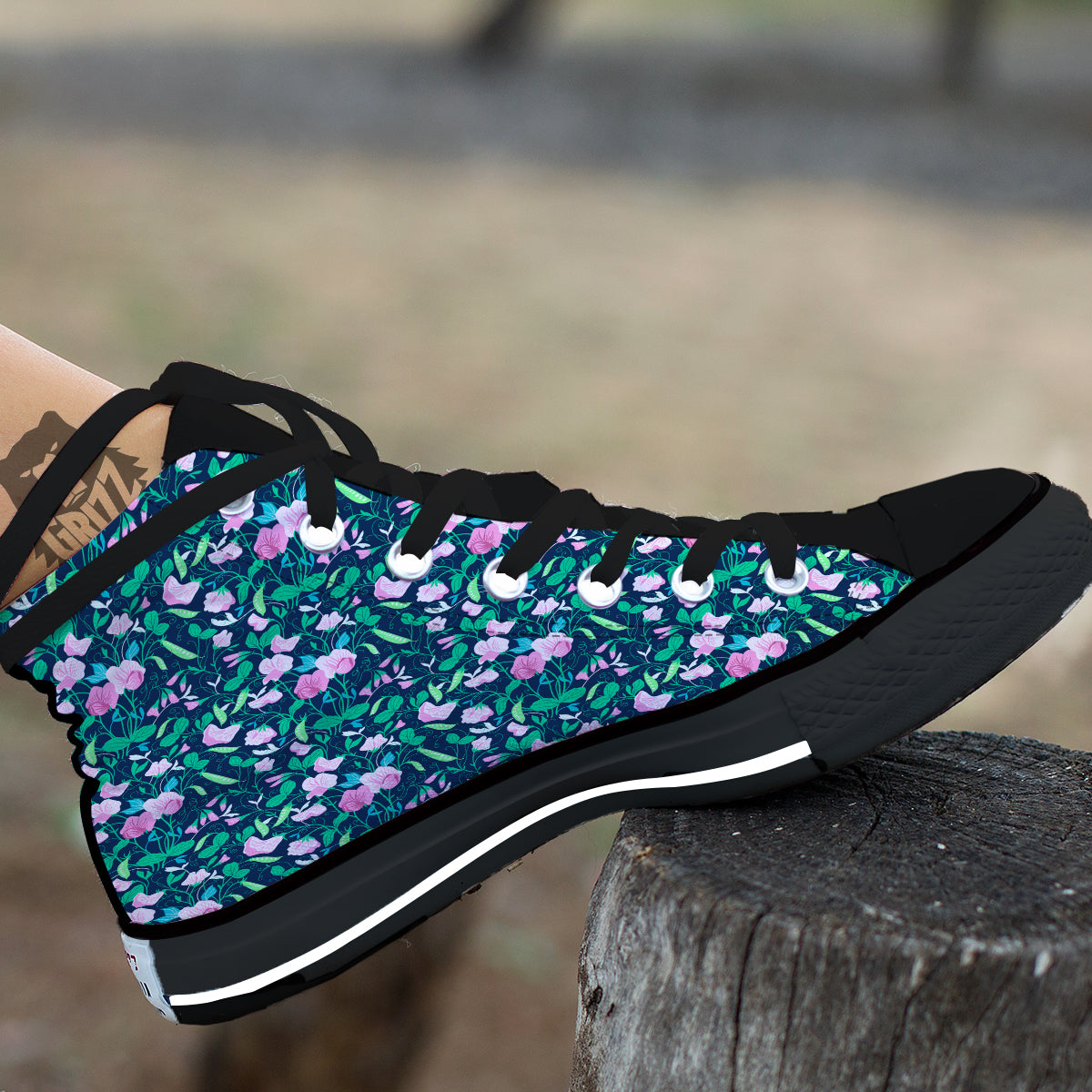 Sweet Pea Vintage Print Pattern Black High Top Shoes-grizzshop