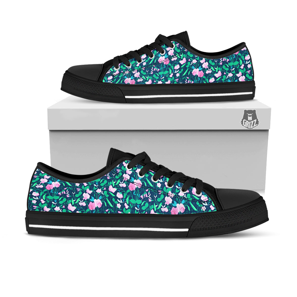 Sweet Pea Vintage Print Pattern Black Low Top Shoes-grizzshop