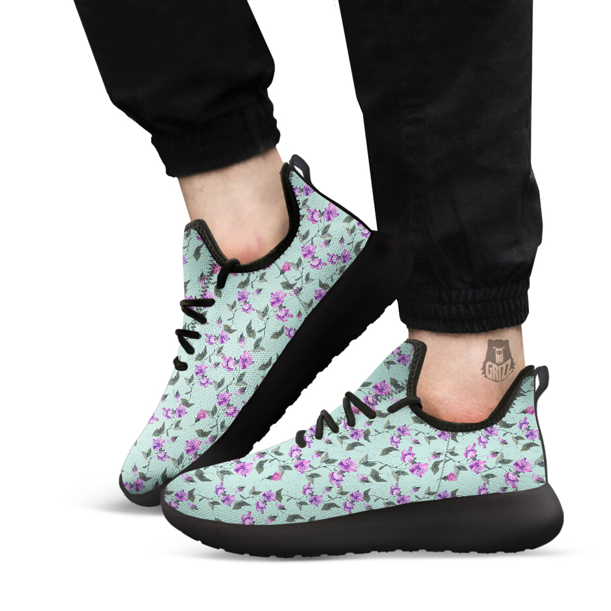 Sweet Pea Watercolor Print Pattern Black Athletic Shoes-grizzshop