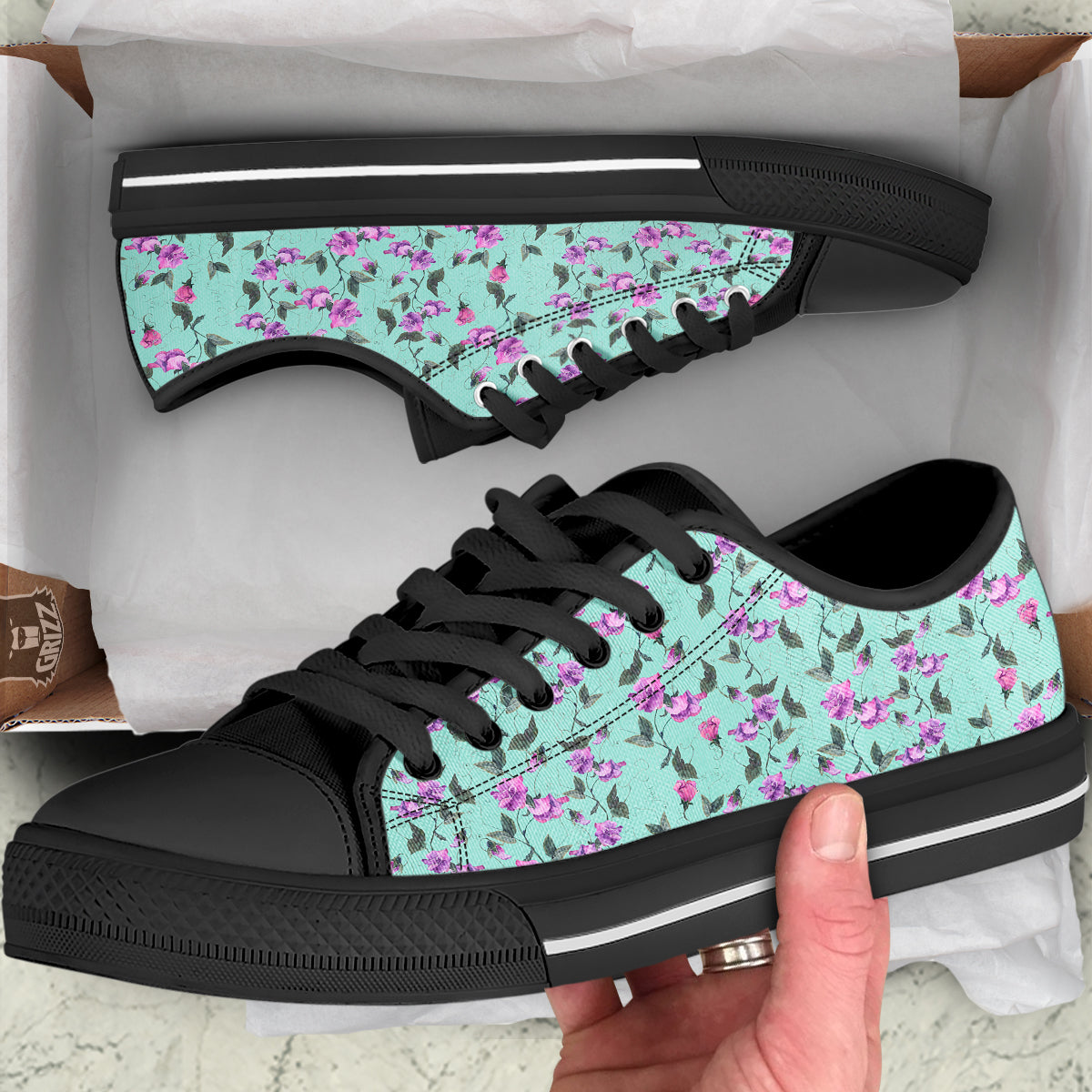 Sweet Pea Watercolor Print Pattern Black Low Top Shoes-grizzshop