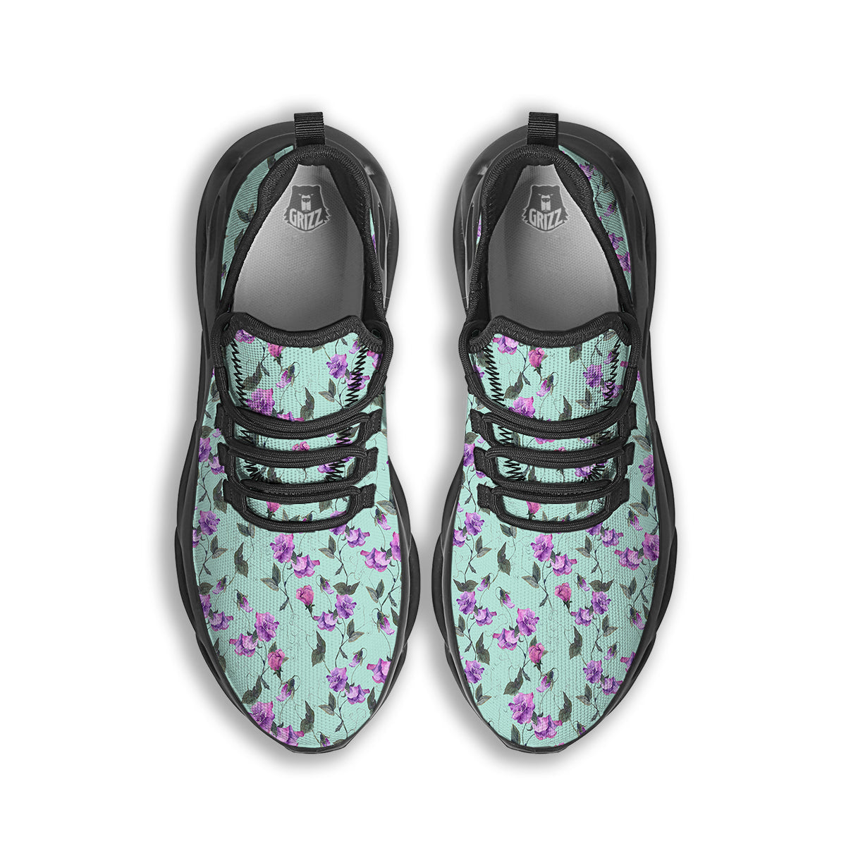 Sweet Pea Watercolor Print Pattern Black Running Shoes-grizzshop