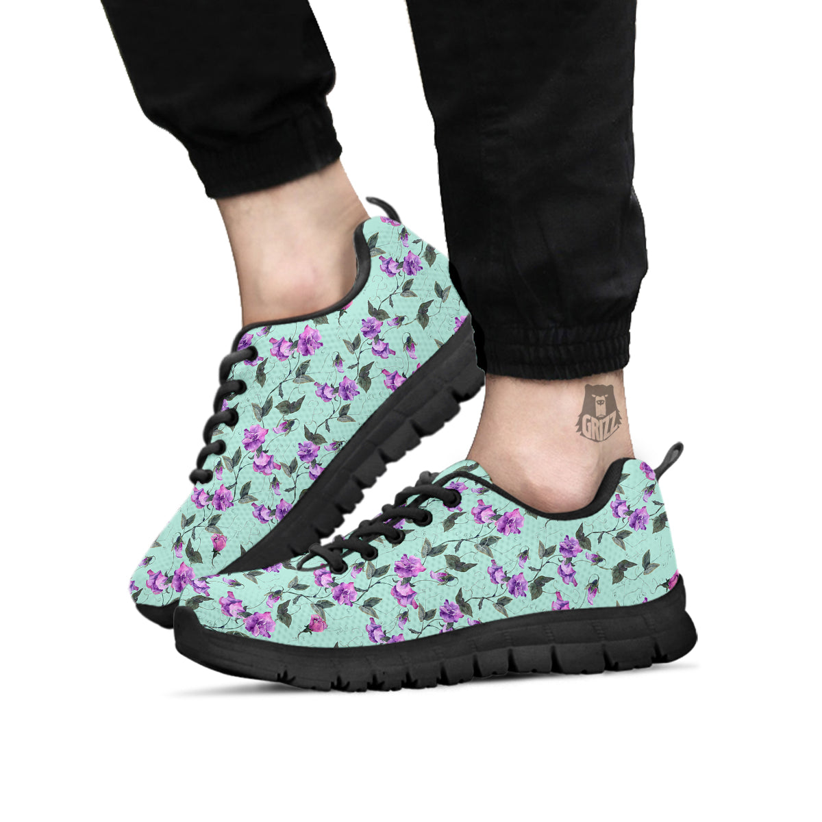 Sweet Pea Watercolor Print Pattern Black Sneaker-grizzshop