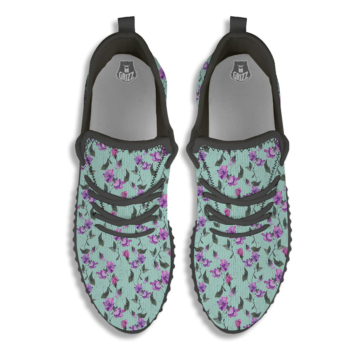 Sweet Pea Watercolor Print Pattern Black Walking Shoes-grizzshop