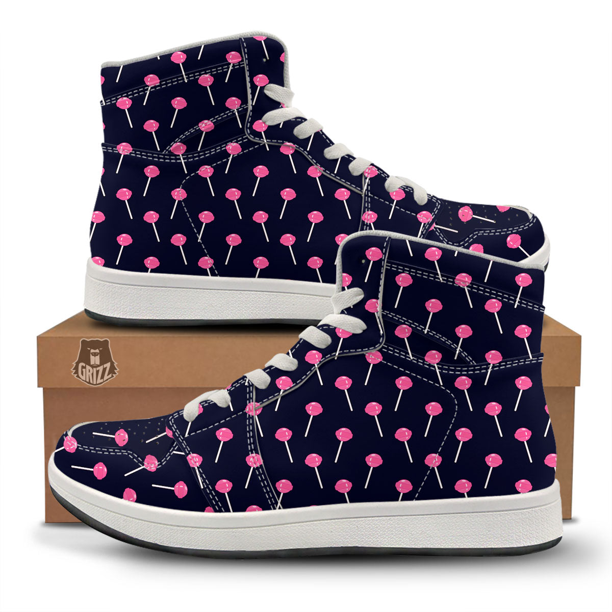 Sweet Pink Lollipop Print Pattern High Top Sneakers-grizzshop