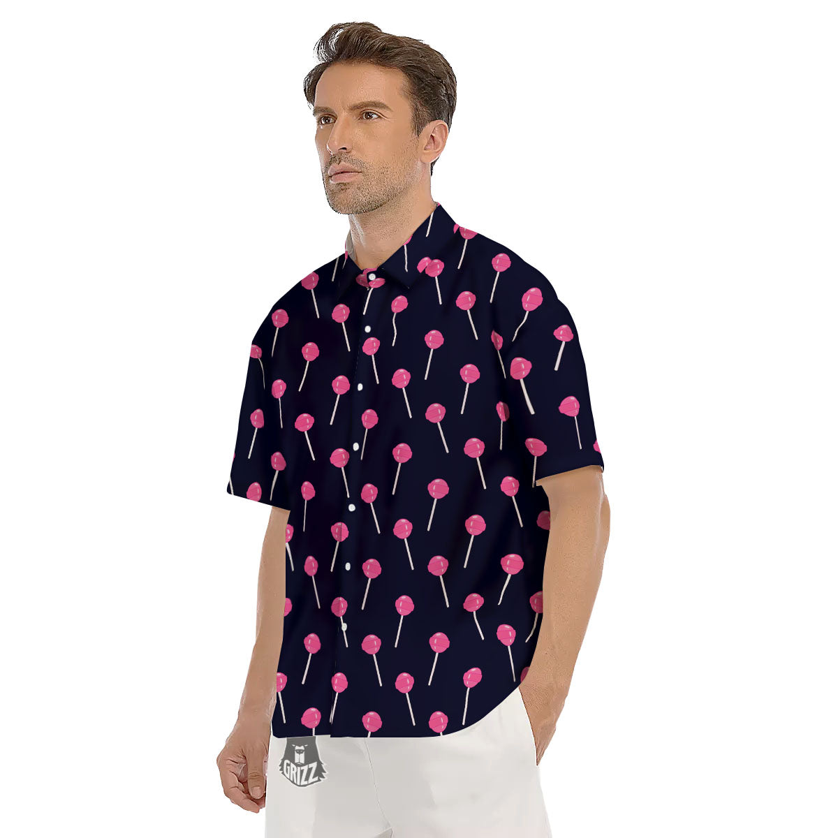 Sweet Pink Lollipop Print Pattern Men's Short Sleeve Shirts-grizzshop