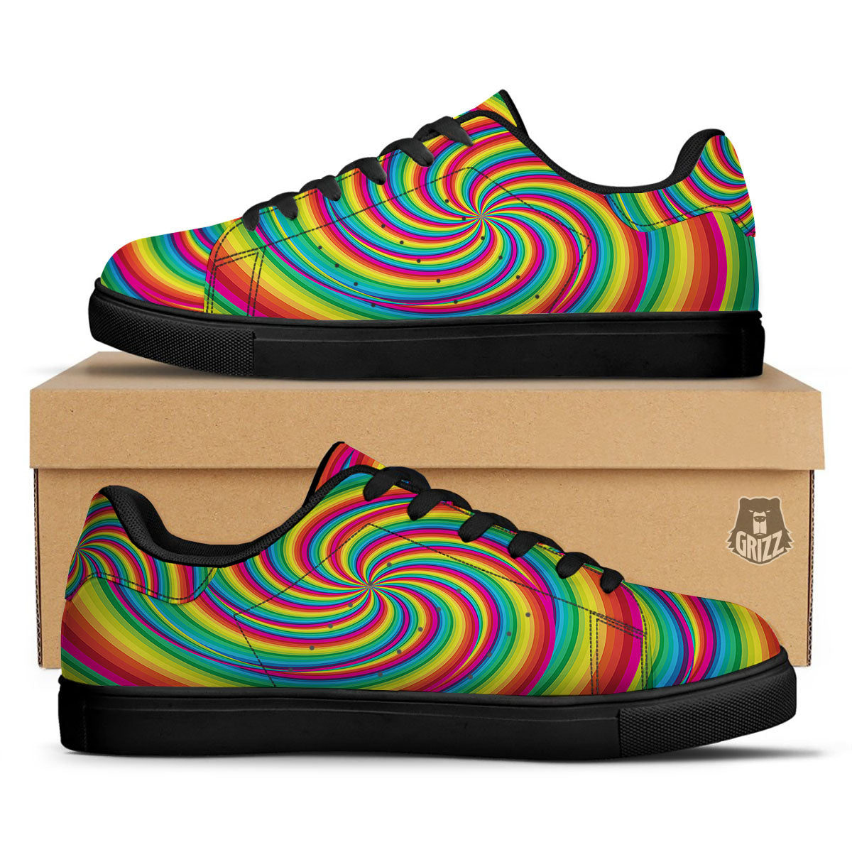 Swirl Candy Rainbow Print Black Low Top Sneakers-grizzshop