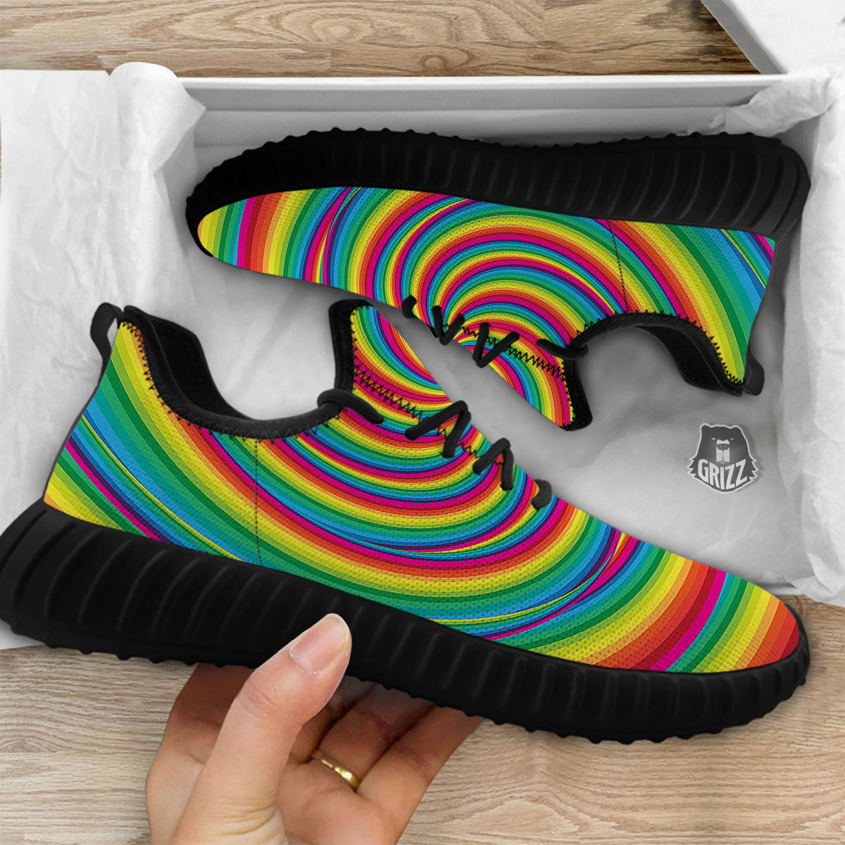 Swirl Candy Rainbow Print Black Walking Shoes-grizzshop