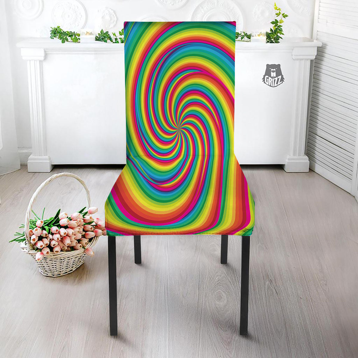 Swirl Candy Rainbow Print Dining Chair Slipcover-grizzshop