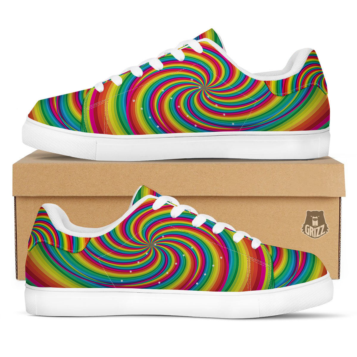 Swirl Candy Rainbow Print White Low Top Sneakers-grizzshop