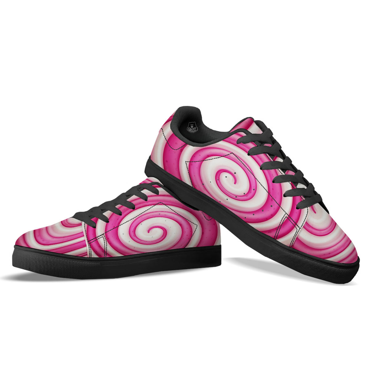 Swirl Pink Lollipop Print Black Low Top Sneakers-grizzshop