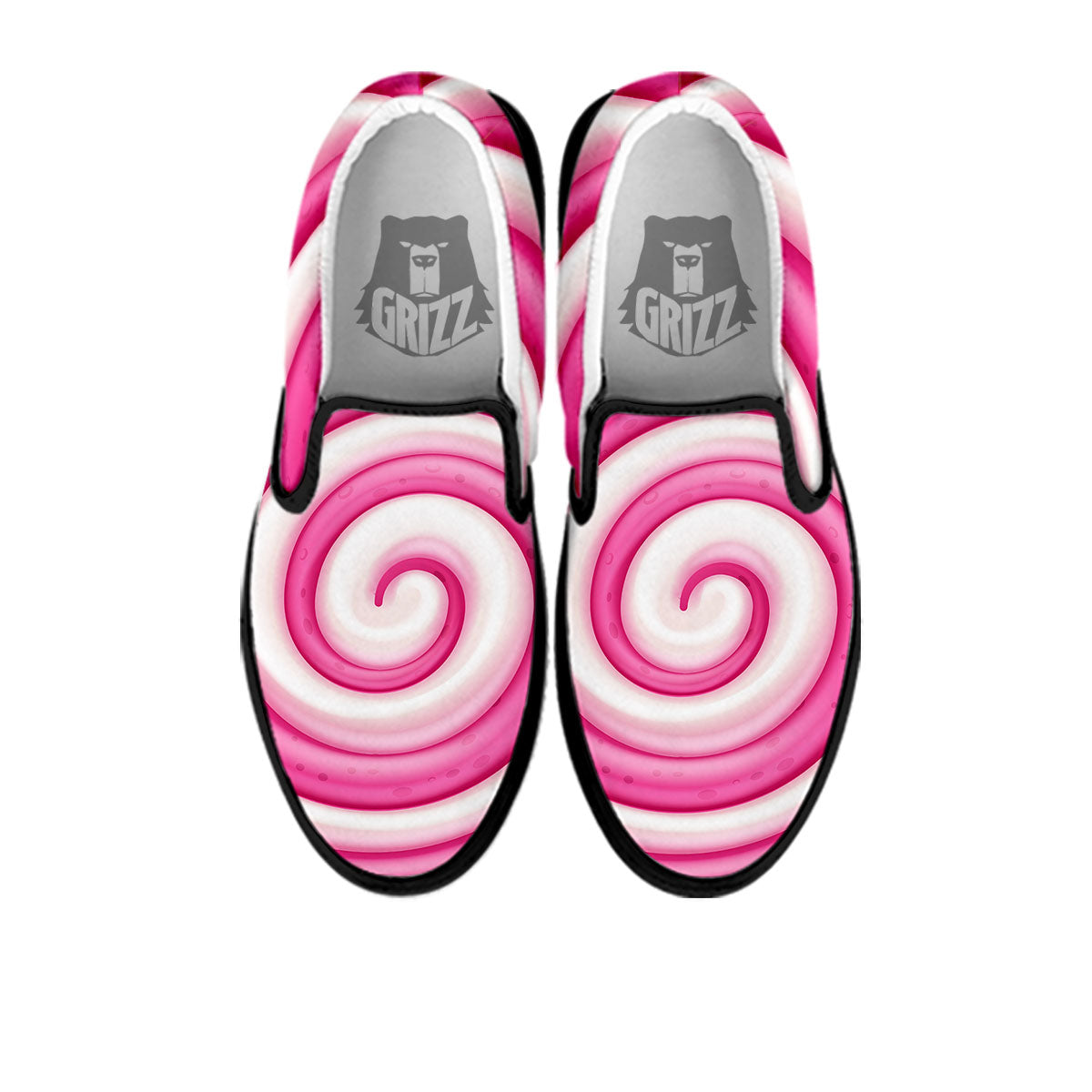 Swirl Pink Lollipop Print Black Slip On Shoes-grizzshop
