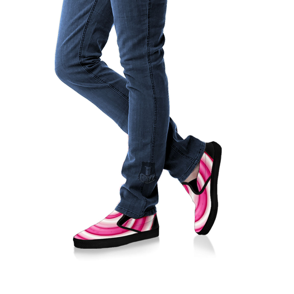 Swirl Pink Lollipop Print Black Slip On Shoes-grizzshop