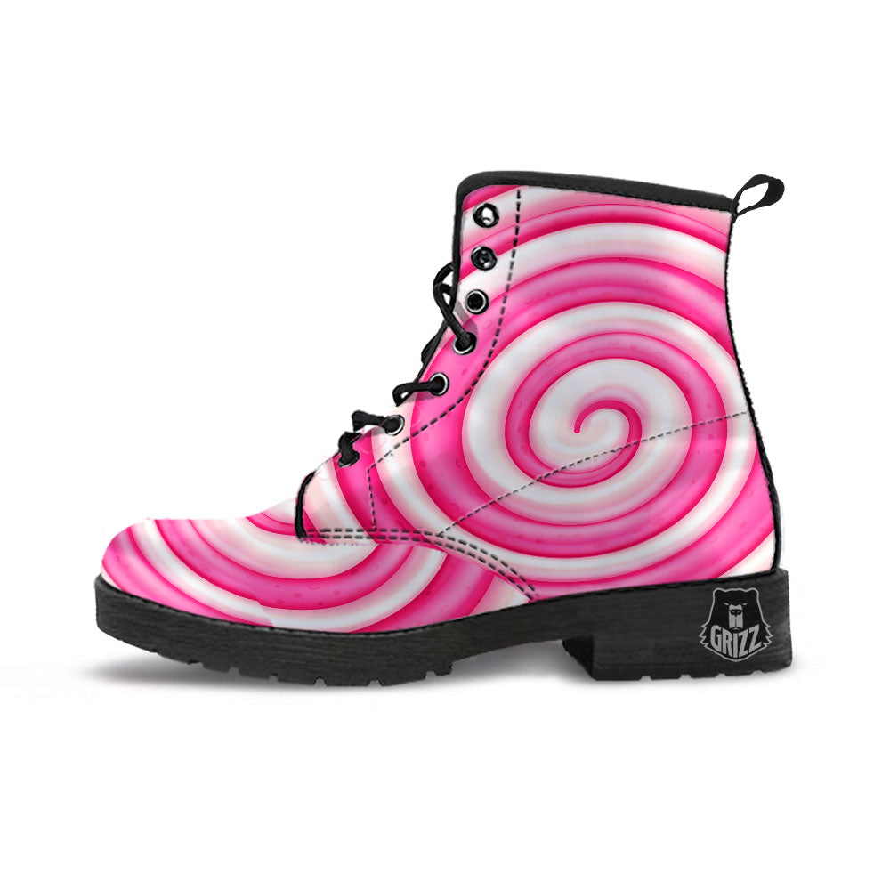 Swirl Pink Lollipop Print Leather Boots-grizzshop