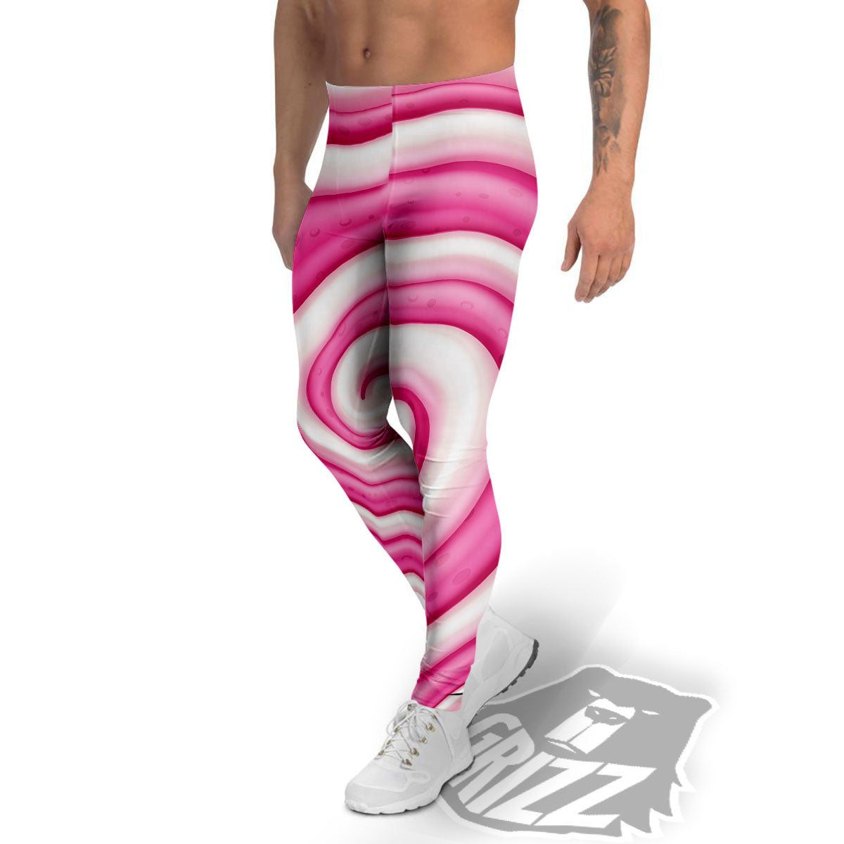 Swirl Pink Lollipop Print Men's Leggings-grizzshop
