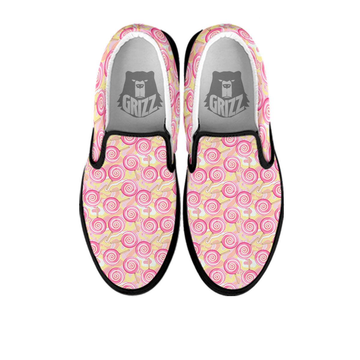 Swirl Pink Lollipop Print Pattern Black Slip On Shoes-grizzshop