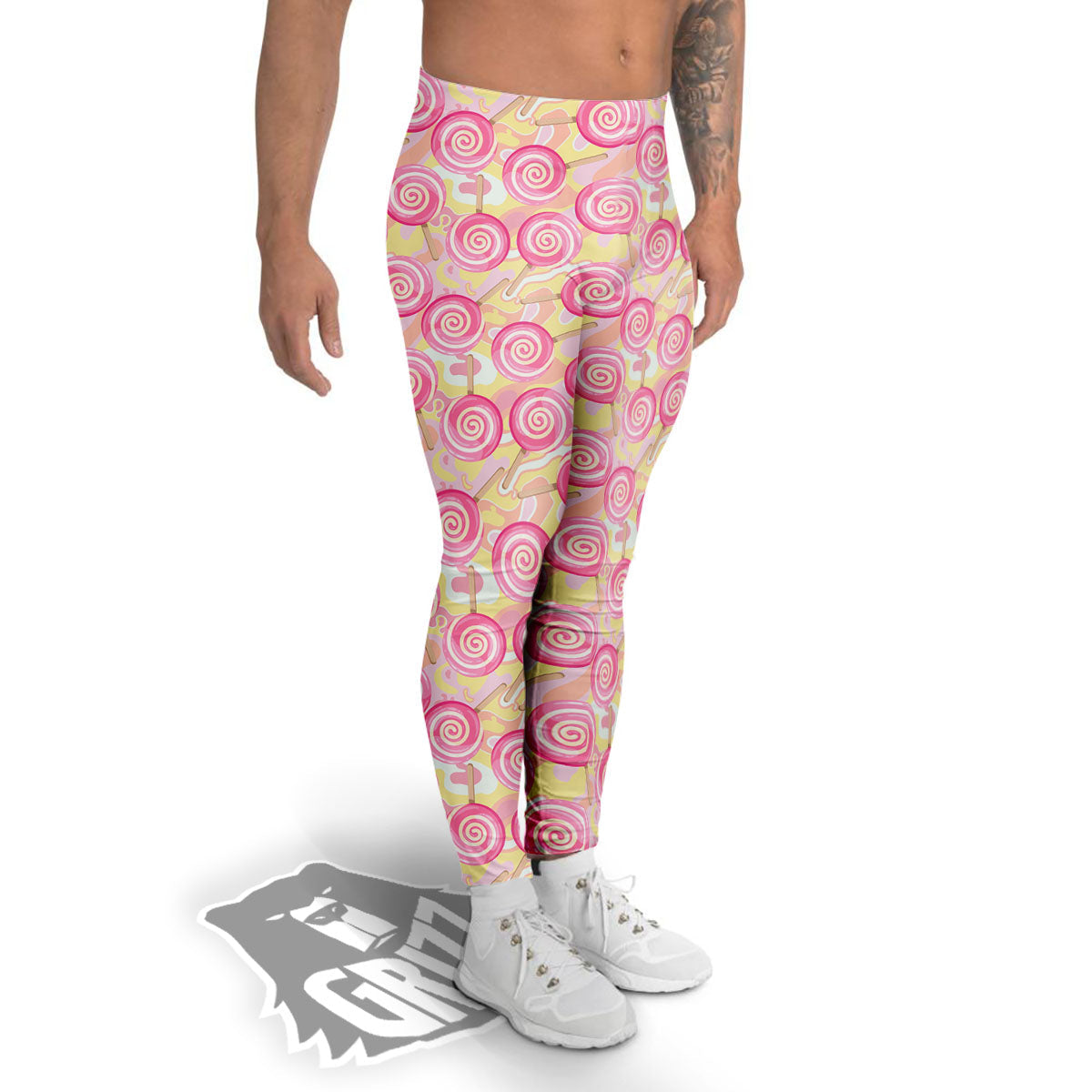 Swirl Pink Lollipop Print Pattern Men's Leggings-grizzshop