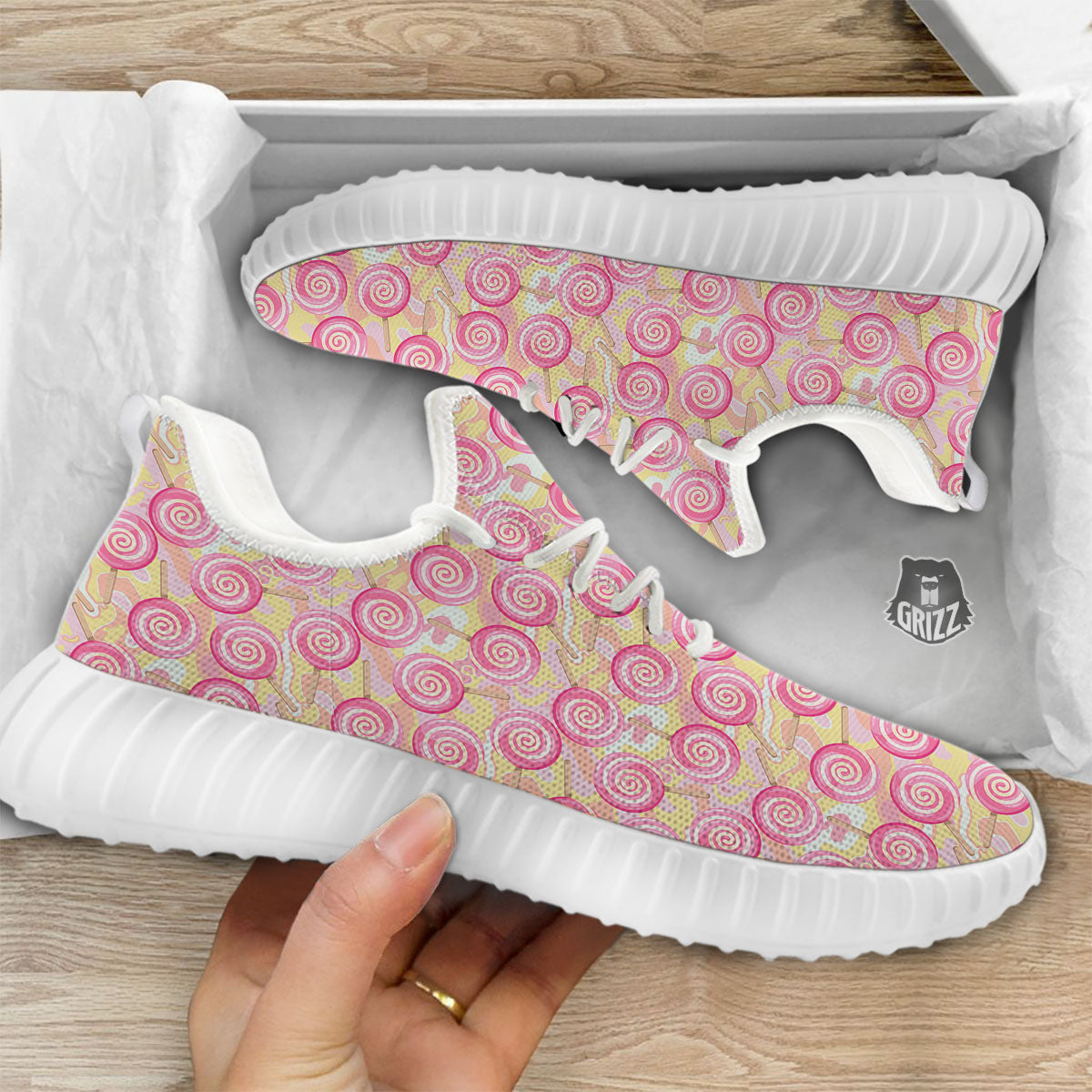 Swirl Pink Lollipop Print Pattern White Walking Shoes-grizzshop