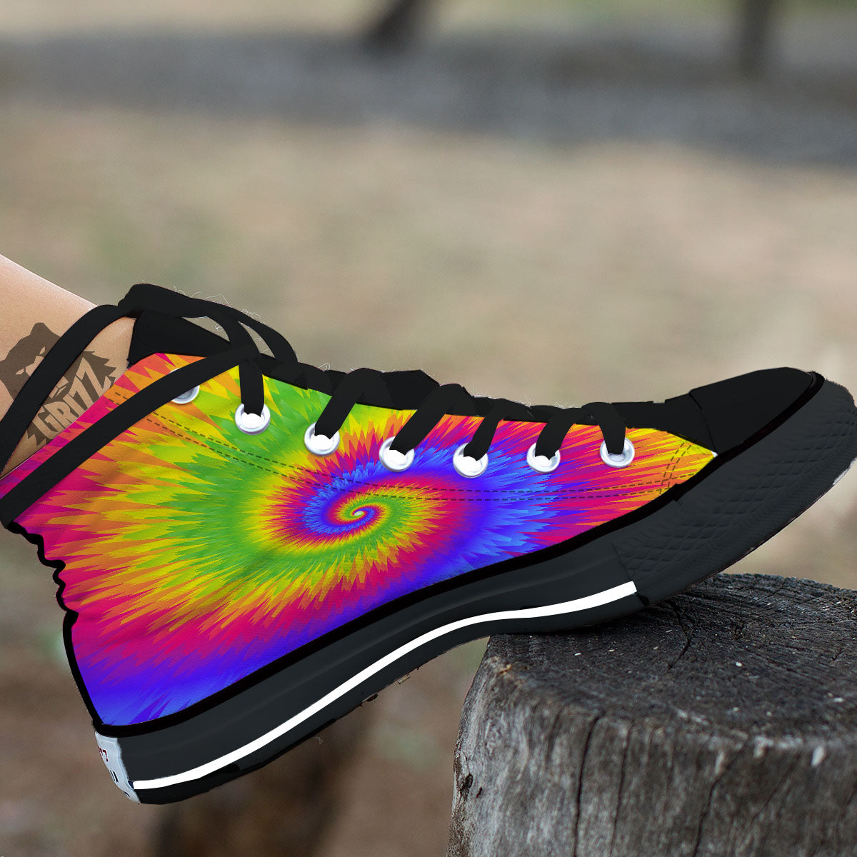 Swirl Rainbow Psychedelic Print Black High Top Shoes-grizzshop