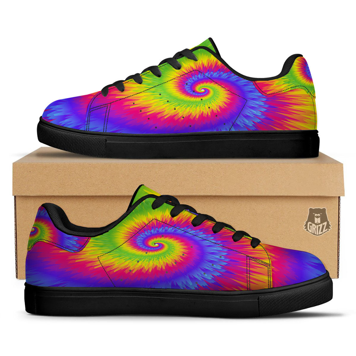 Swirl Rainbow Psychedelic Print Black Low Top Sneakers-grizzshop