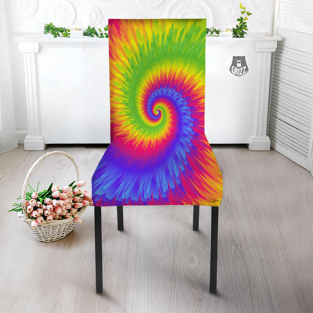 Swirl Rainbow Psychedelic Print Dining Chair Slipcover-grizzshop