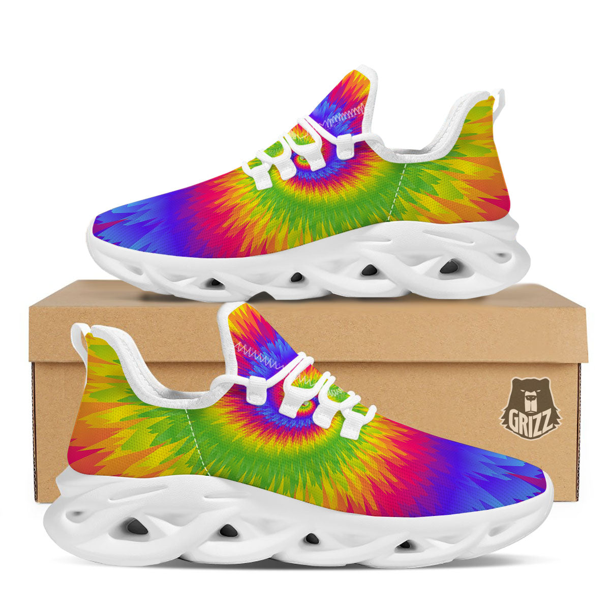 Swirl Rainbow Psychedelic Print White Running Shoes-grizzshop