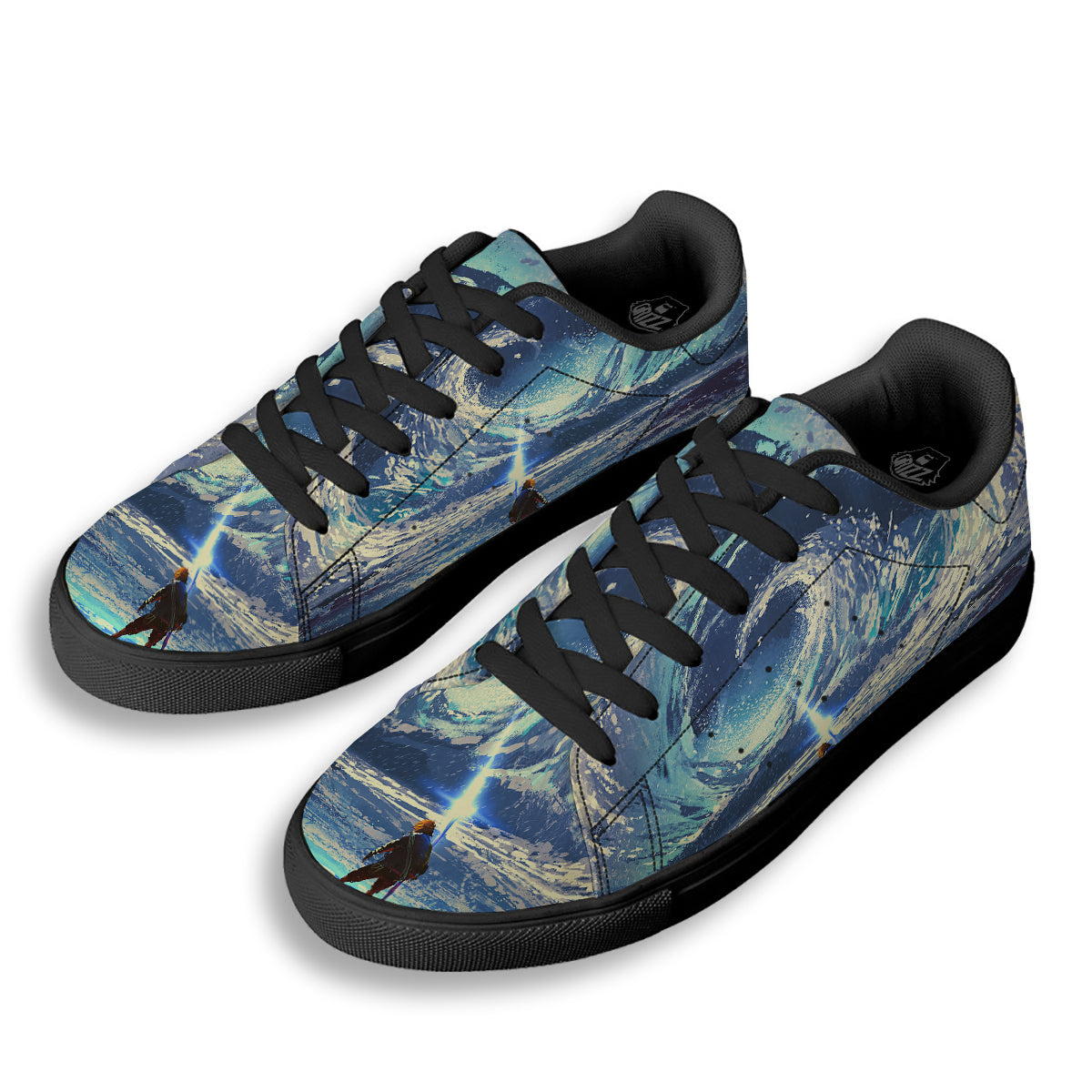 Swirling Sea Watercolor Print Black Low Top Sneakers-grizzshop