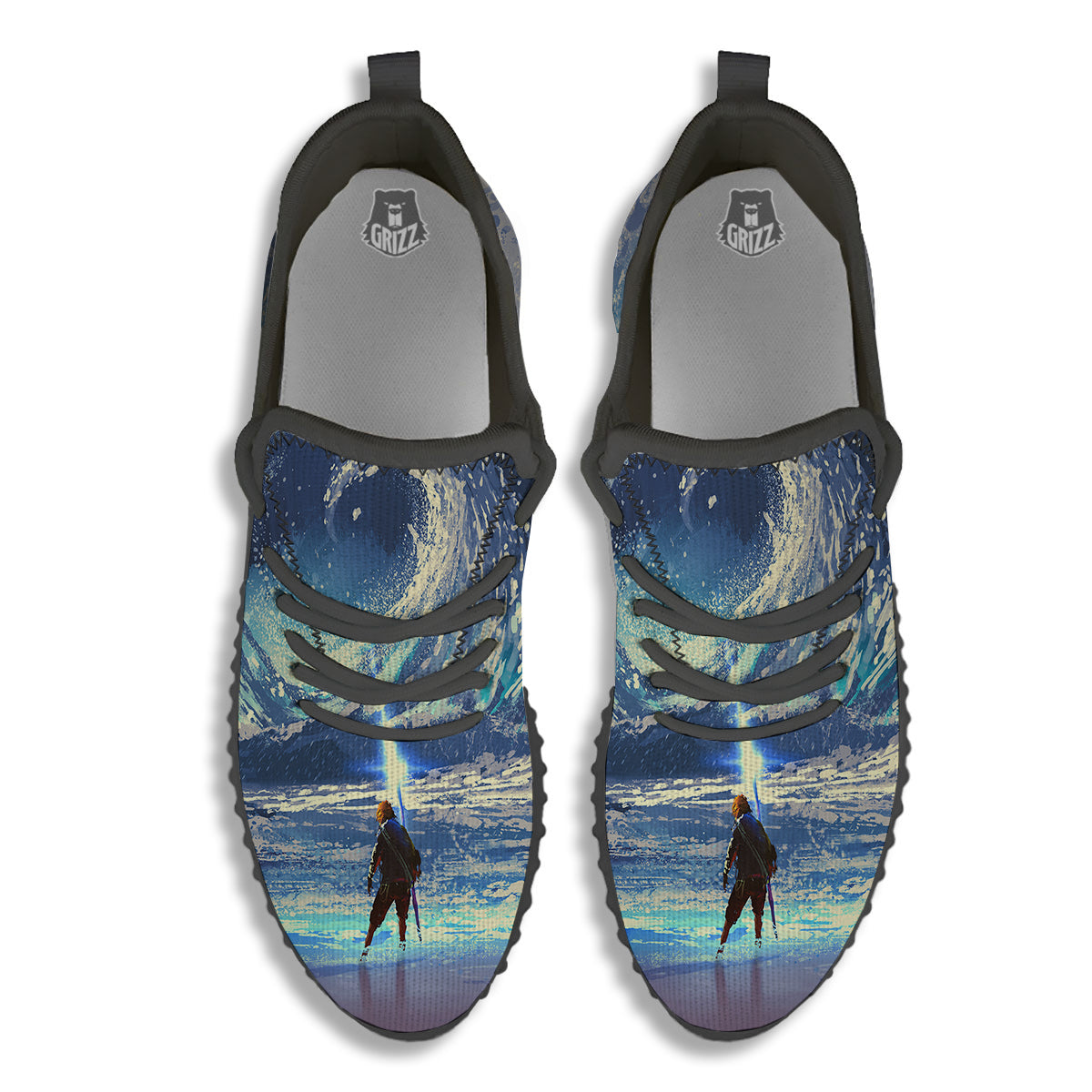 Swirling Sea Watercolor Print Black Walking Shoes-grizzshop