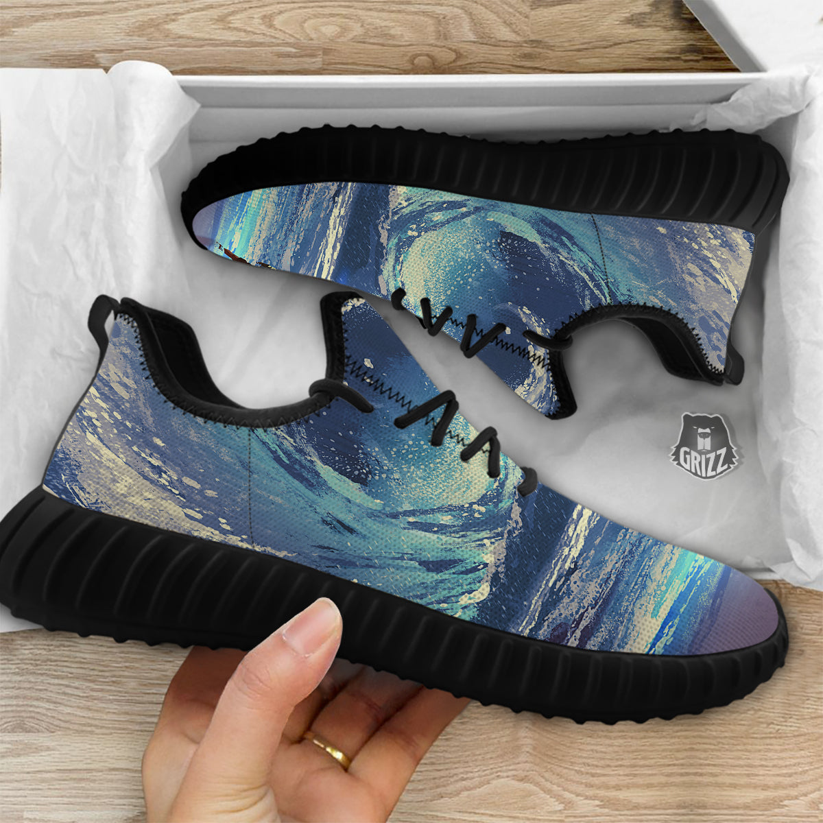 Swirling Sea Watercolor Print Black Walking Shoes-grizzshop