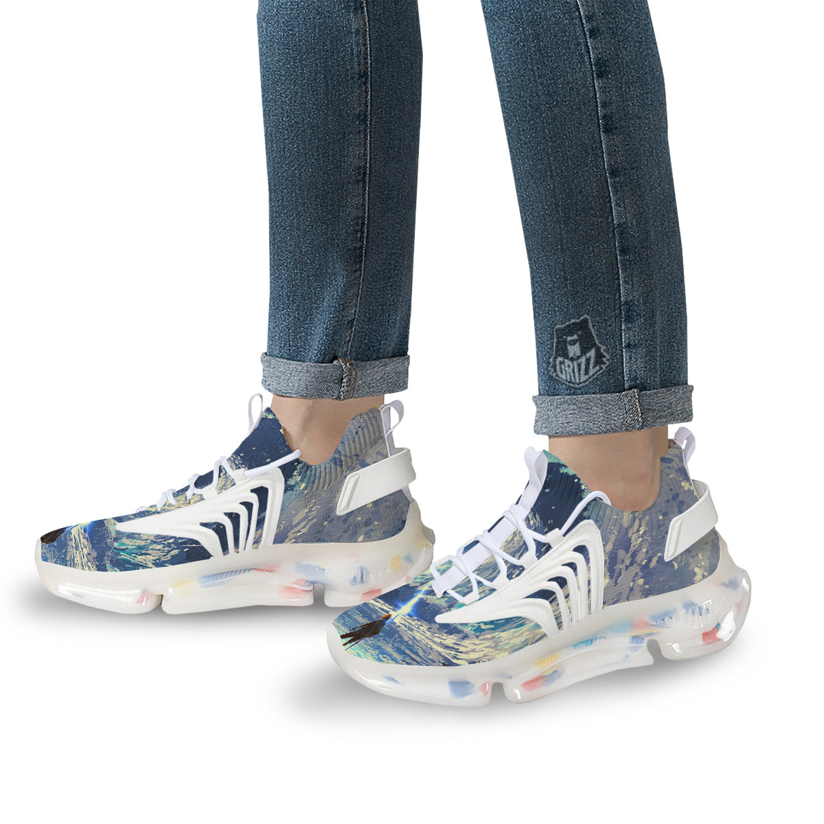 Swirling Sea Watercolor Print White Gym Shoes-grizzshop