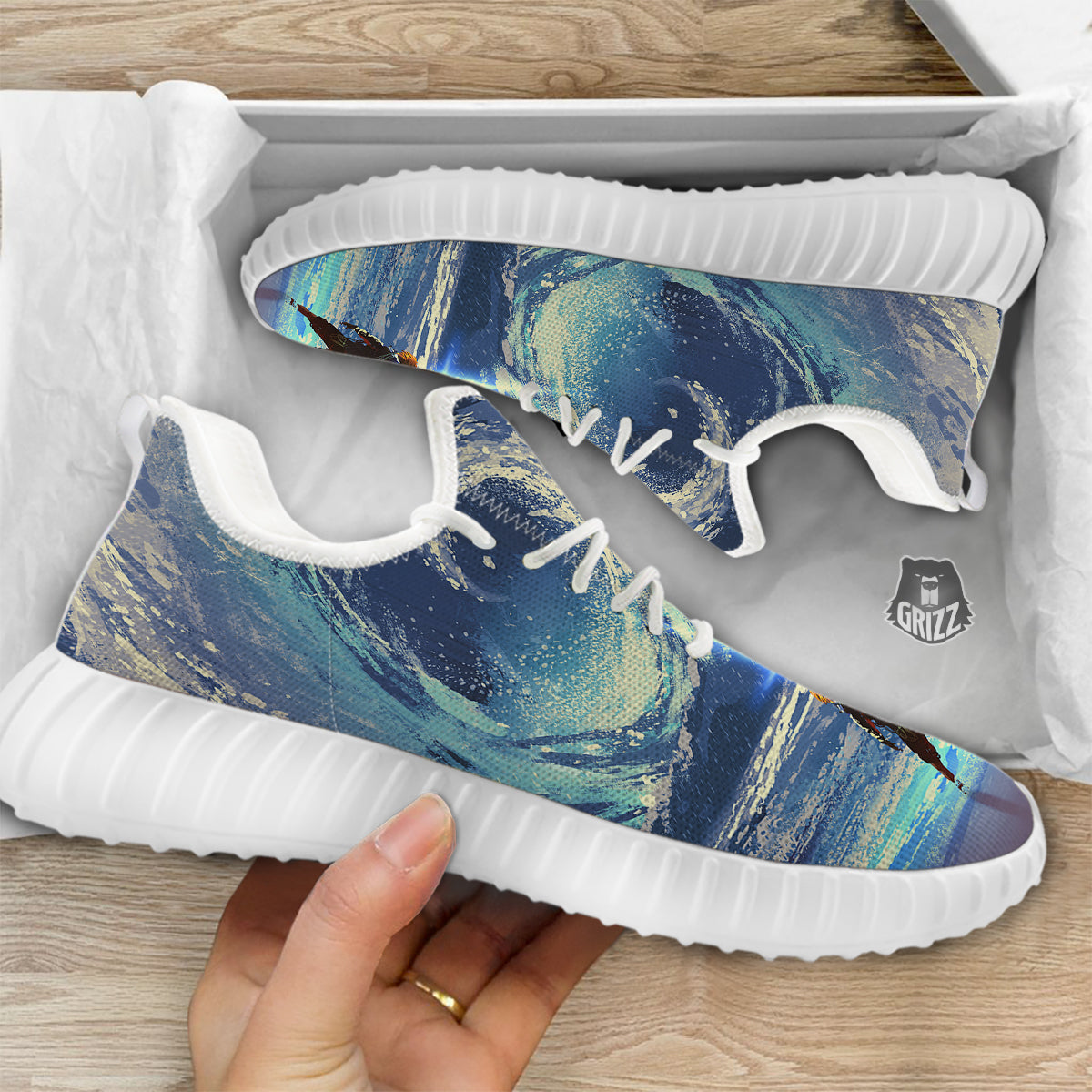 Swirling Sea Watercolor Print White Walking Shoes-grizzshop